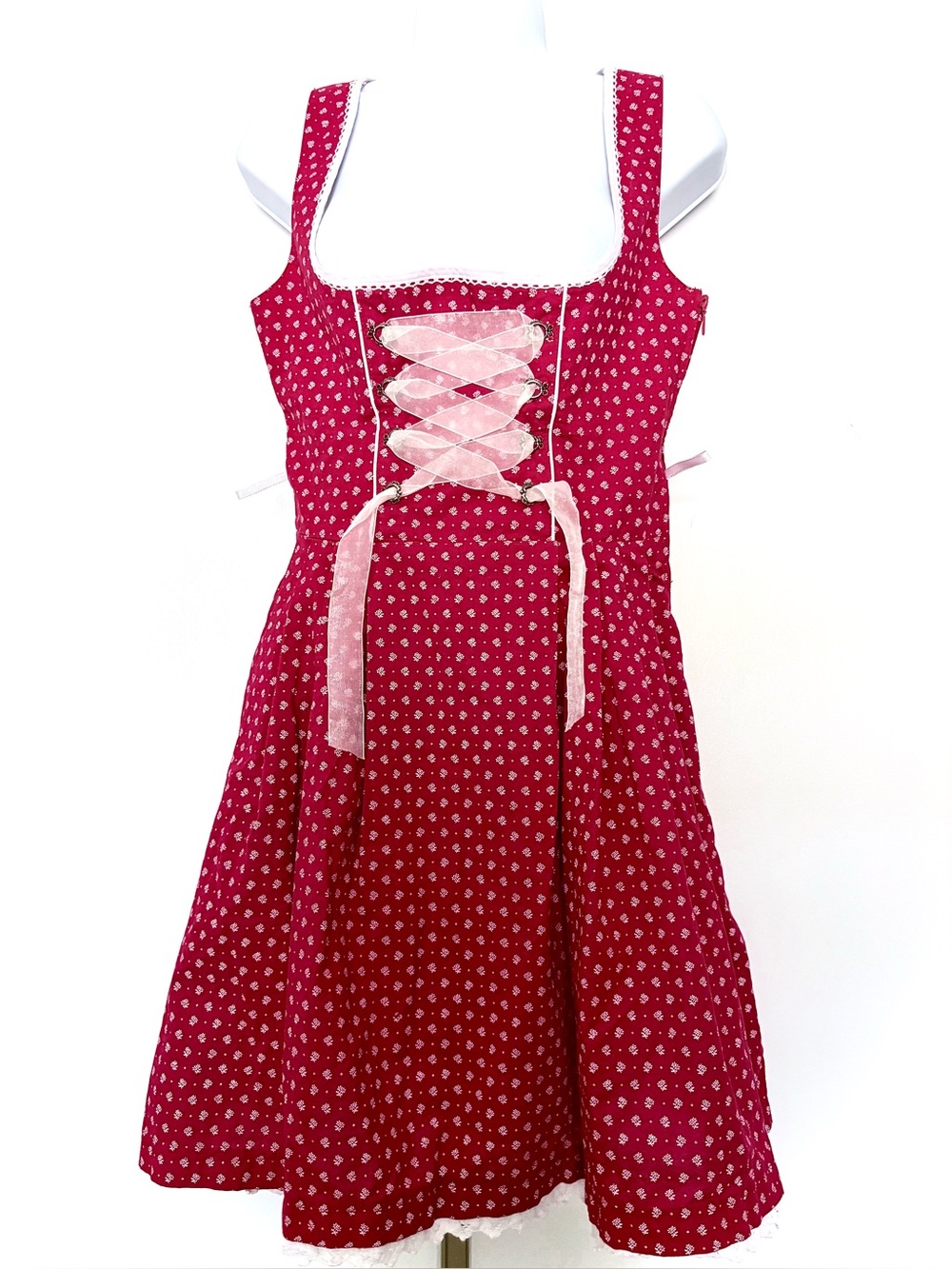 ⁠MarJo German Dirndl Dress Red Floral Corset Lace Up Trachten Size EU 36 US S⁠